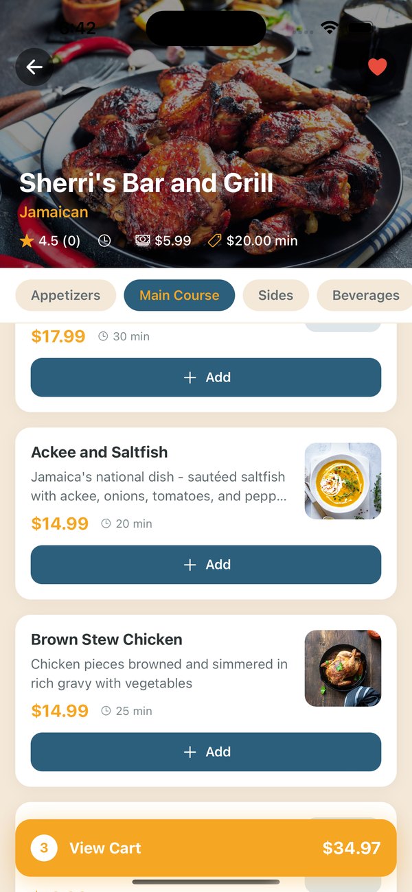 Browsing a restaurant menu in NorthPoint Delivery, with dishes, prices and prep times.