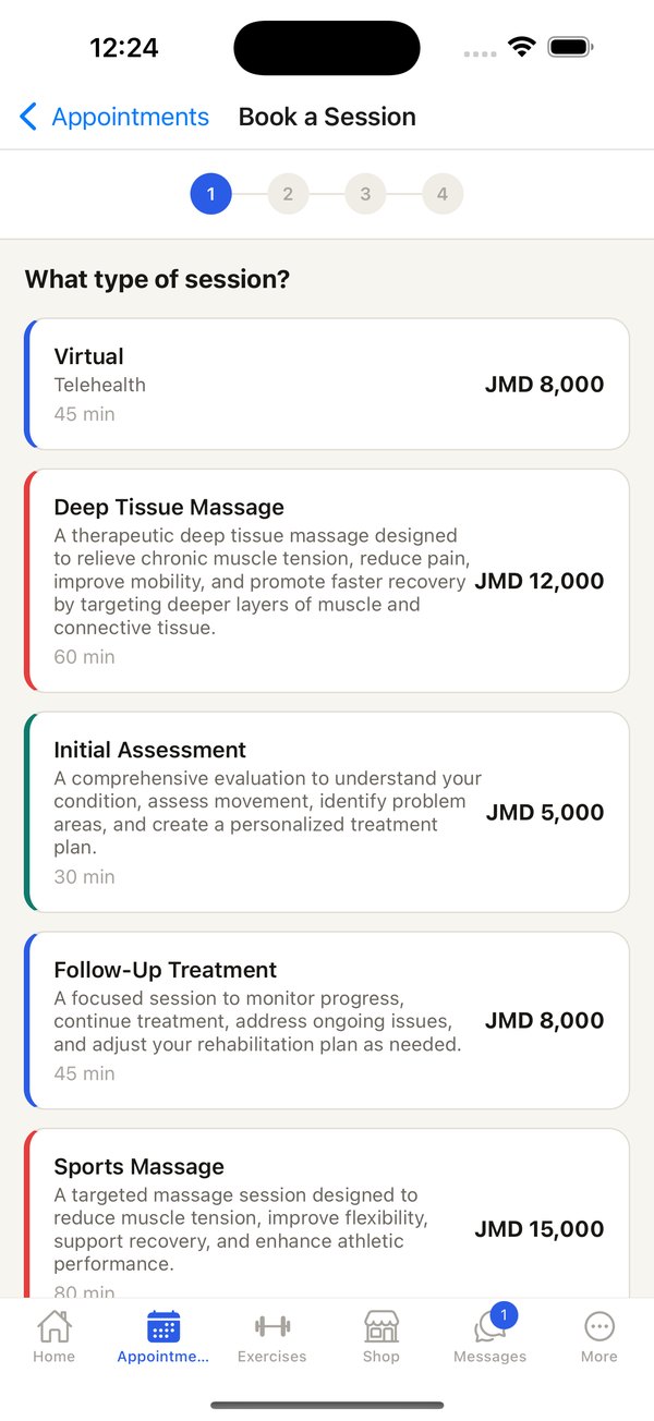 Choosing a session type in the Restora client app, with durations and prices set by the practice.