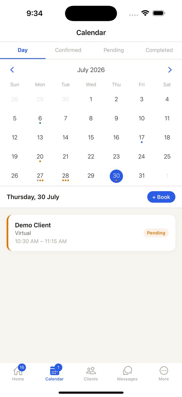 The Restora practice calendar for July, with a booking selected on the 30th.