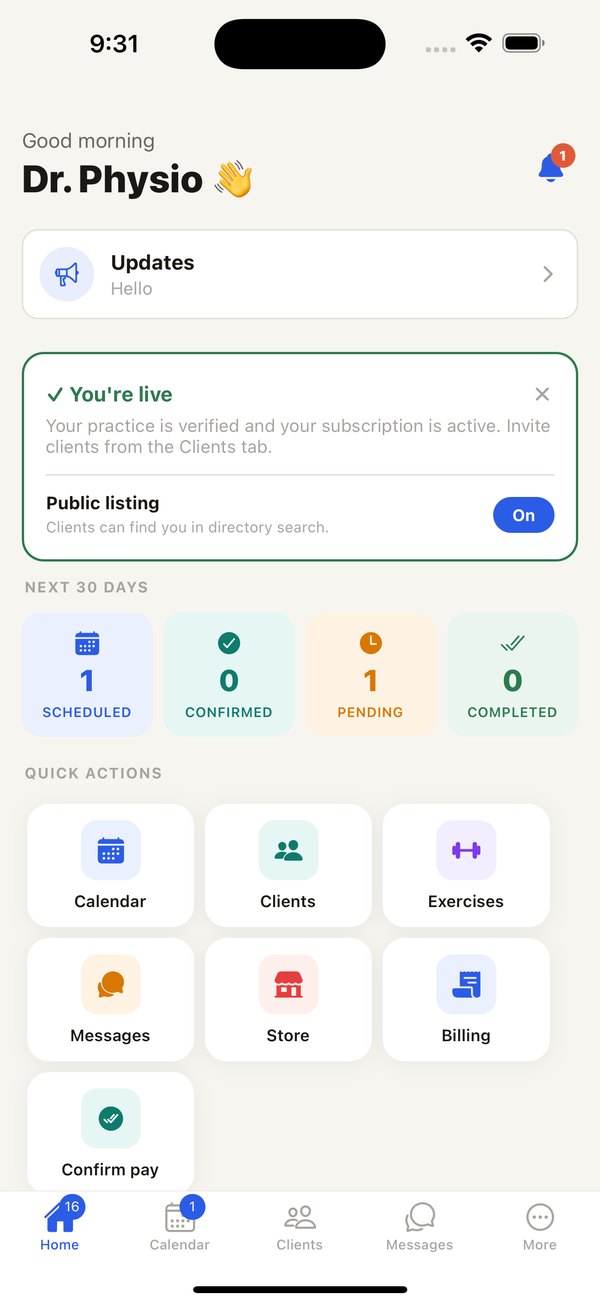 Restora practice dashboard: bookings for the next 30 days and quick actions for calendar, clients and billing.